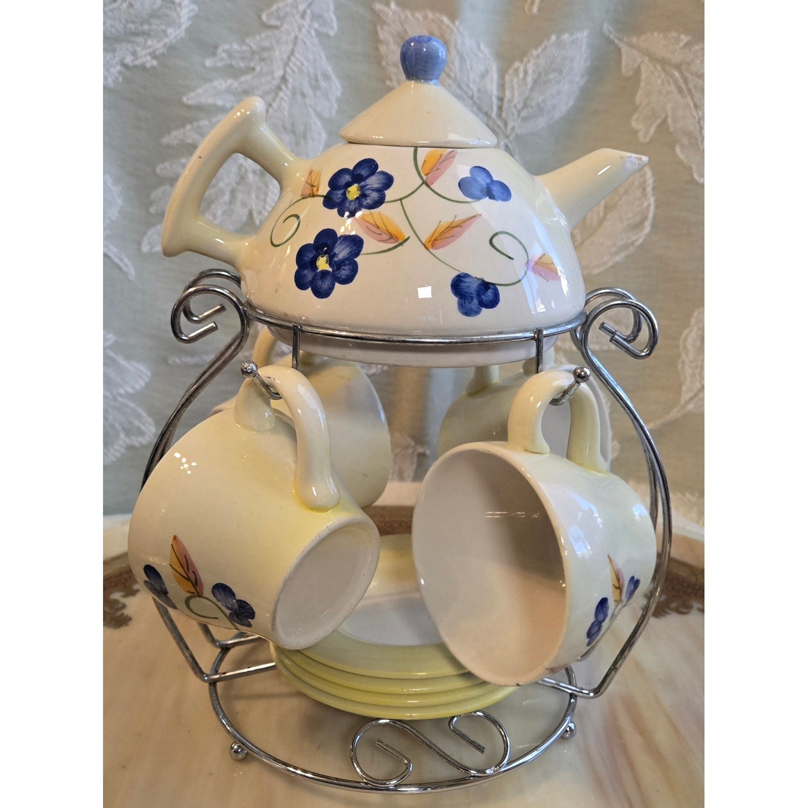 Vintage Miniature Tea Set Hand Painted Floral Ceramic Teapot Cups Saucers Stand
