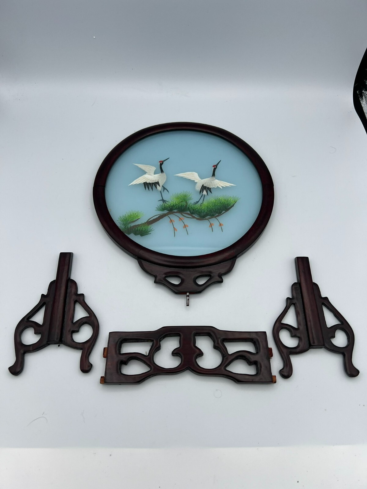 Vintage Hand Painted Silk & Stretch Double Sided Framed Herons on Wood Stand