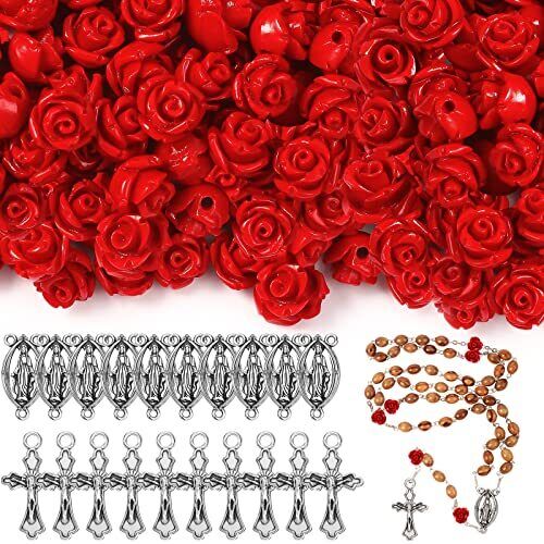 140 Pcs Rosary Making Supplies Carved Rose Beads Flower Beads Rosary Kit Cross C