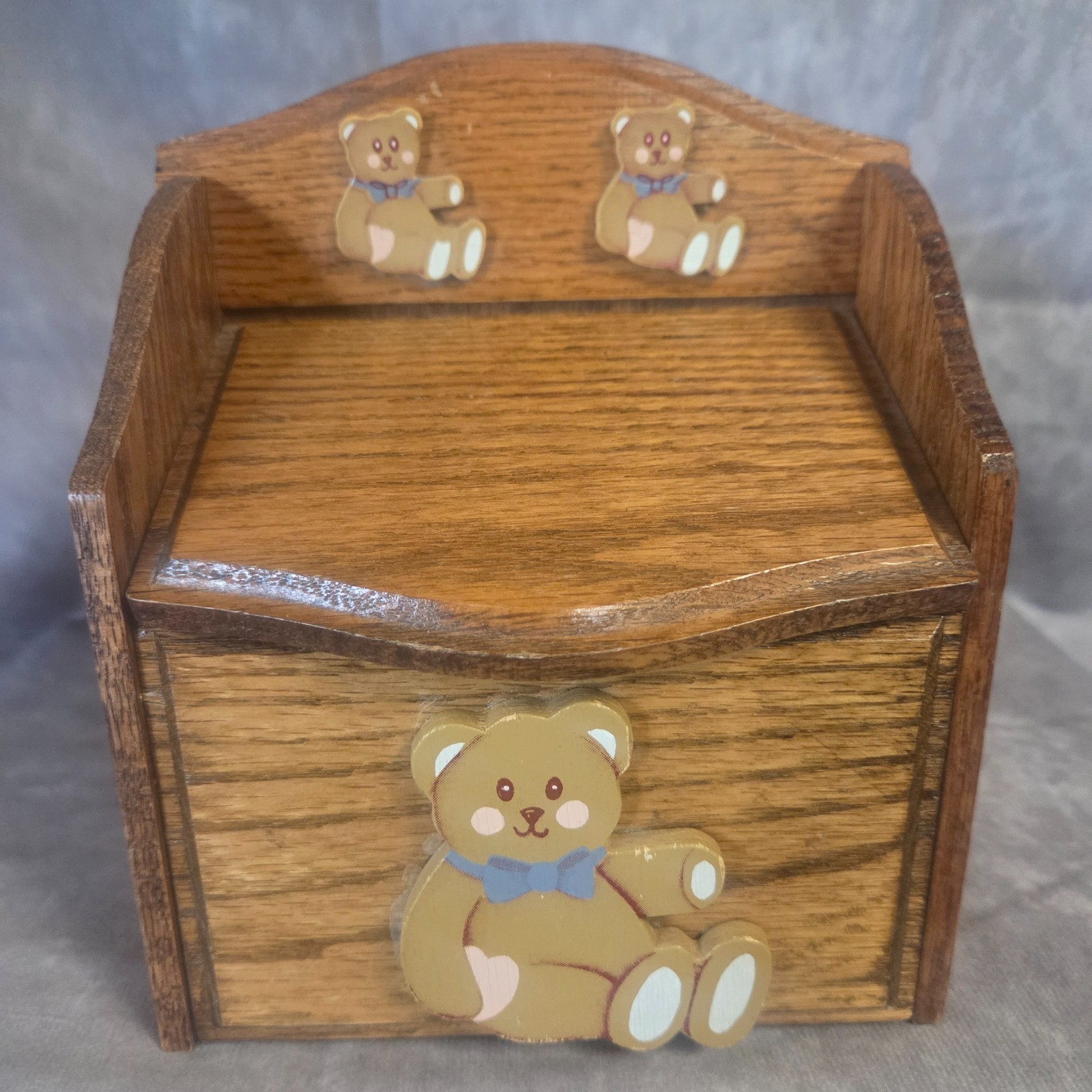 Vintage Wooden Teddy Bear Recipe Box 3x5 Card Holder Country Kitchen