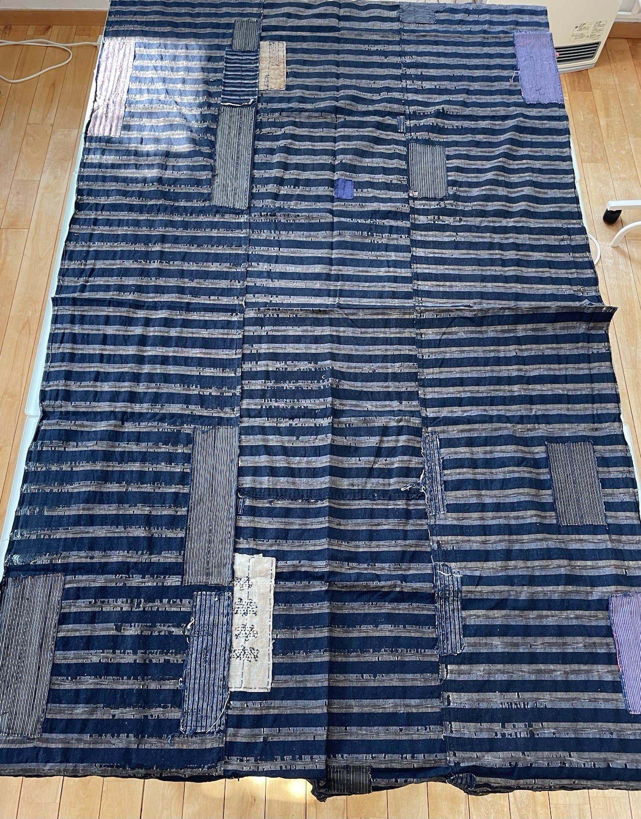 Japanese Antique Boro Patchwork Indigo Striped Cotton Fabric Large Textile Rare