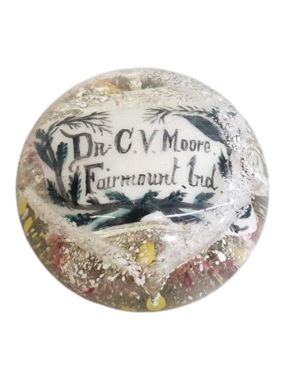 Antique End of Day Glass Paperweight Dr C V Moore Fairmount Ind Indiana 1890s