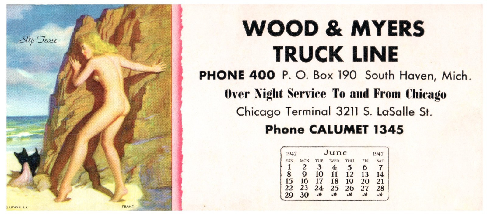 1947 SOUTH HAVEN MI WOOD & MYERS TRUCK  LINE PINUP ADVERTISING INK BLOTTER Z8032