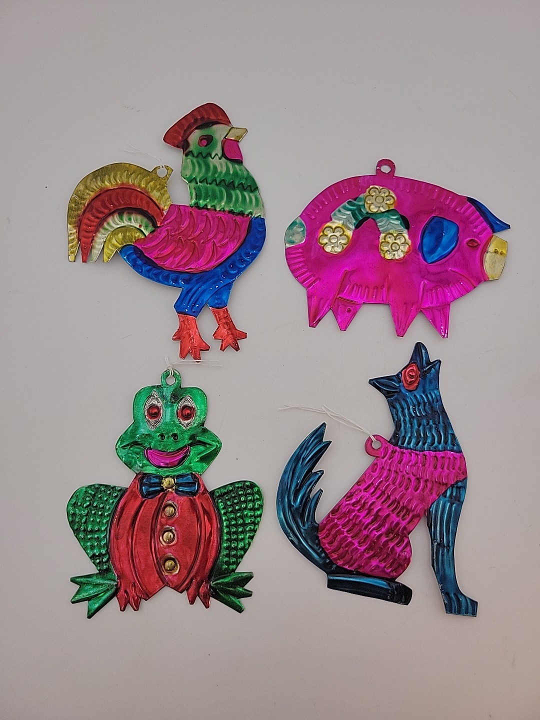 4 VTG Mexican Handmade Painted Punched Tin Metal Christmas Hojalaya Ornaments