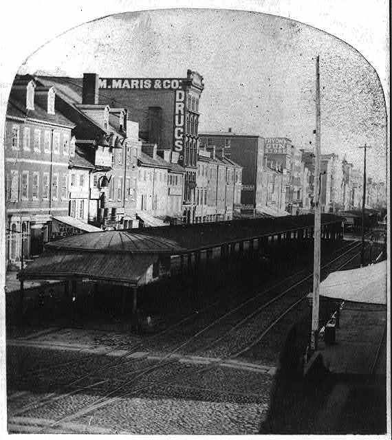 Stereoscopic view of Market Street, including a view of the market - Old Photo Stereoscopic view of Market Street, including a view of the market - Old Photo