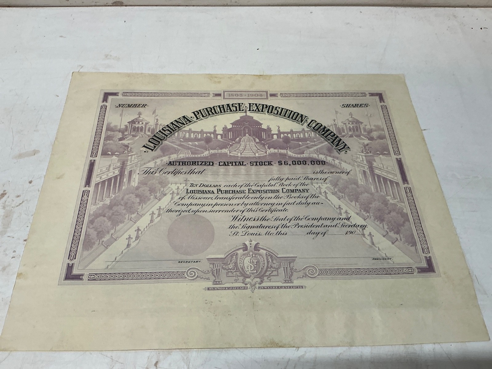 Light Purple 1903 Louisiana Purchase Exposition Co/ Unissued Stock Certificate