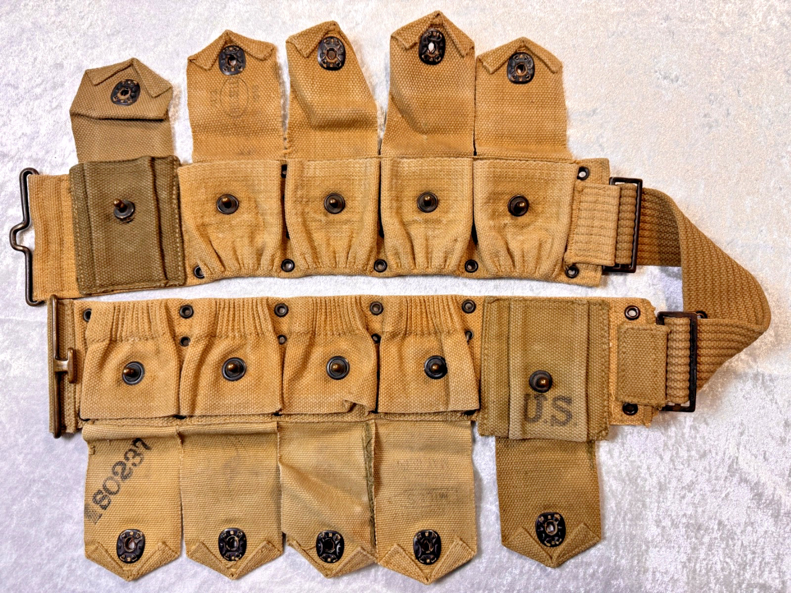 WWI US ARMY M1914 W/ BOTH MILLS AND RUSSEL MARKED POUCHES AND TWO ADDED POUCHES