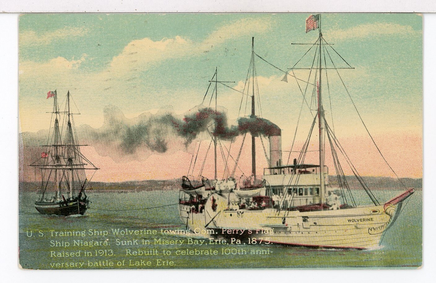 U.S. Training Ship WOLVERINE Tows Adm. Perry\'s NIAGARA 1907-15 Misery Bay PA PC