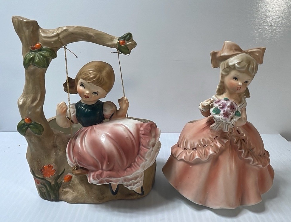 VINTAGE TWO NAPCO VASE/PLANTERS-GIRL On Swing & GIRL w/flowers 1950's Read