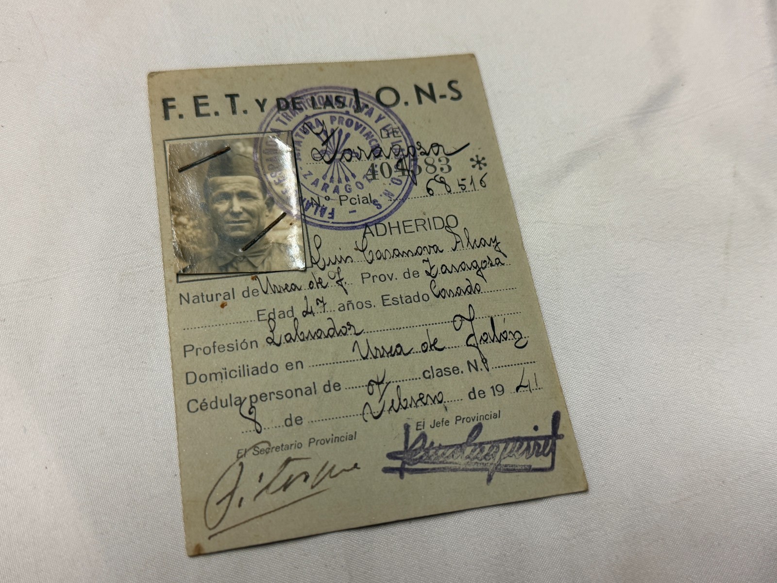 Original WW2 Fascist Spanish Franco Era Falangist Party Membership Card 1941