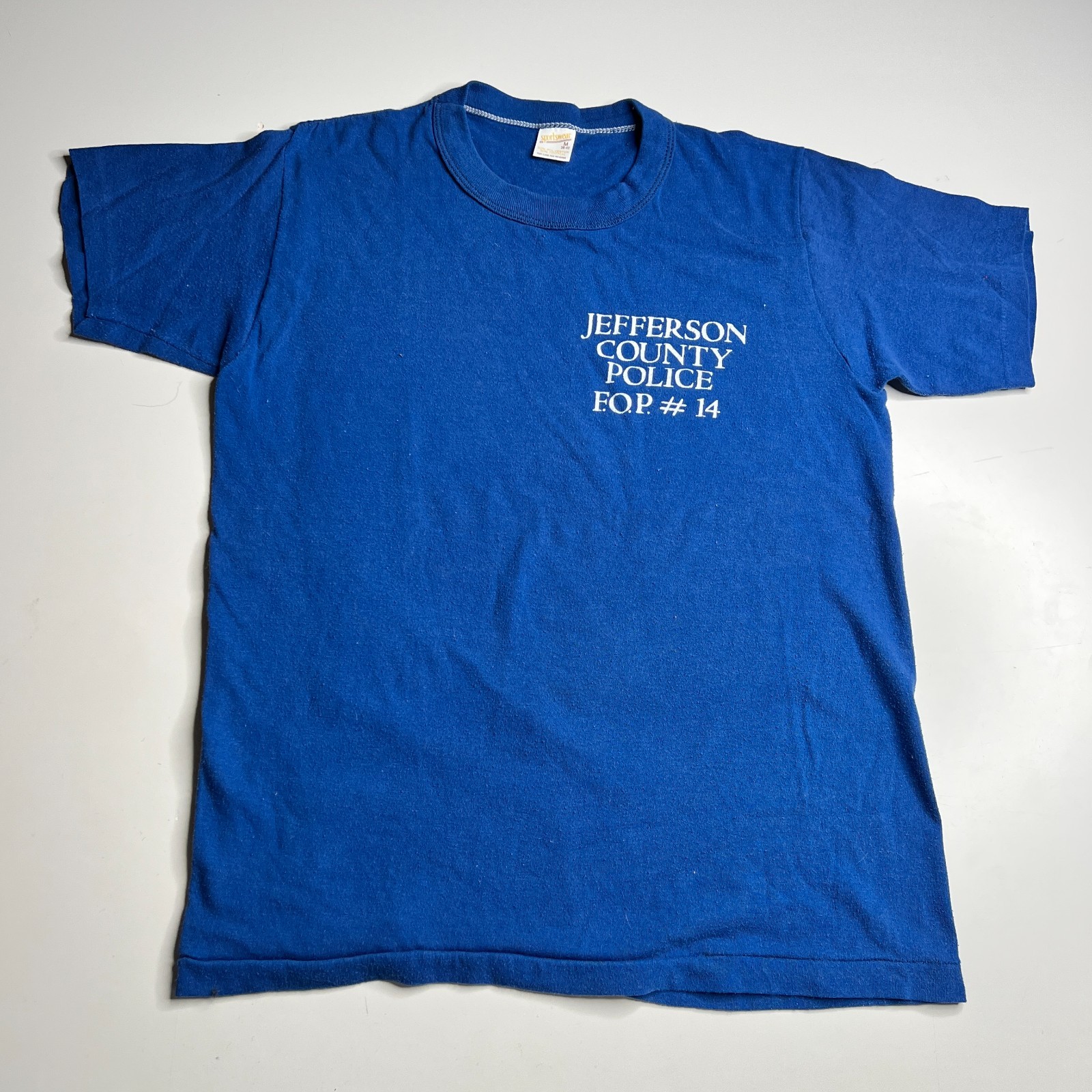 Vintage 1980s Jefferson County Police FOP #14 T-Shirt Blue Made USA M 38-40