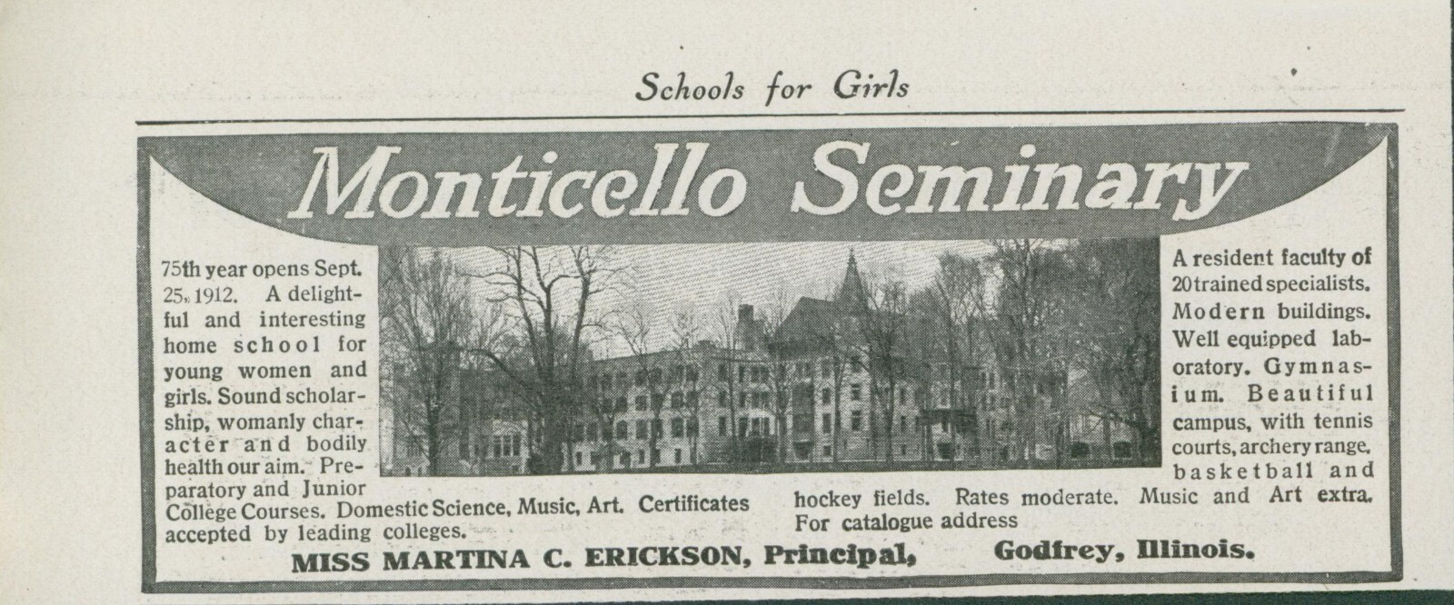 1912 Monticello Seminary For Girls Godfrey IL Martina Erickson Vtg Print Ad CO4