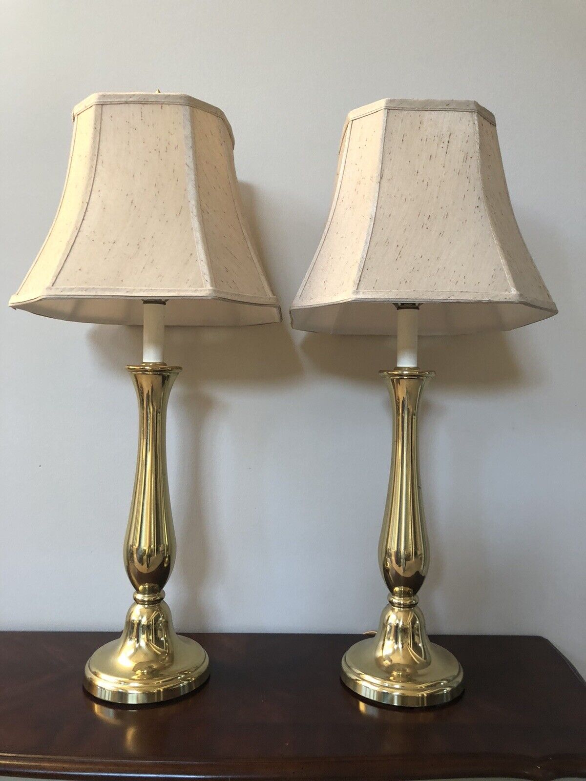 STIFFEL Brass Lamp PAIR Tall Tapered Candlestick Style Table Console with Shades