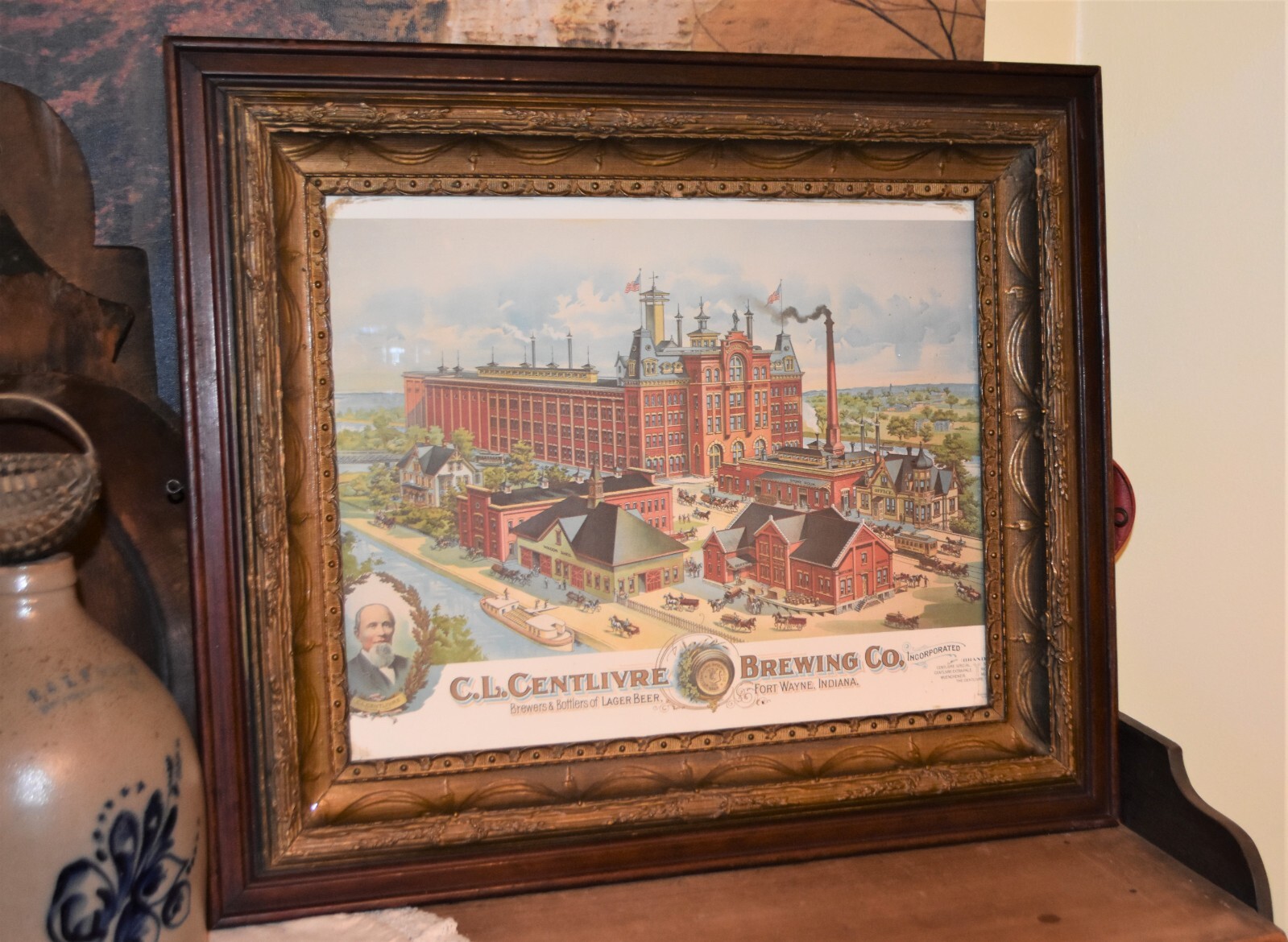 C.L. Centlivre Brewing Company Litho Reproduction in Atq Wavy Glass Gesso Frame
