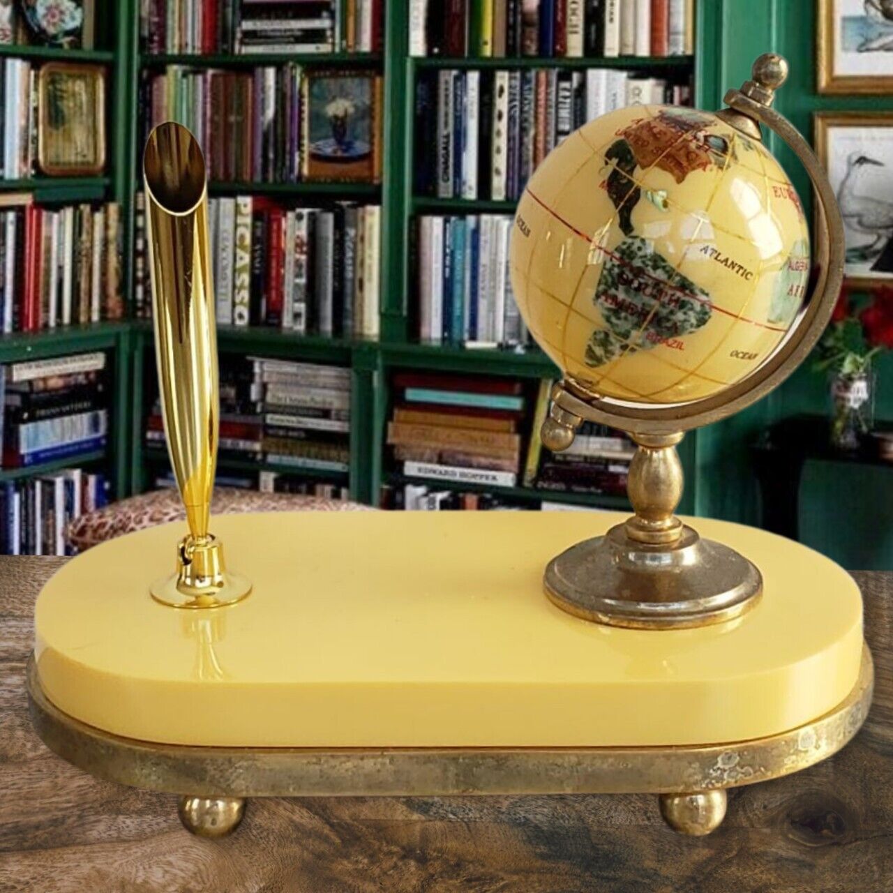 Vintage Spinning Inlaid Gemstone Mother of Pearl Abalone Globe & Pen Holder Set