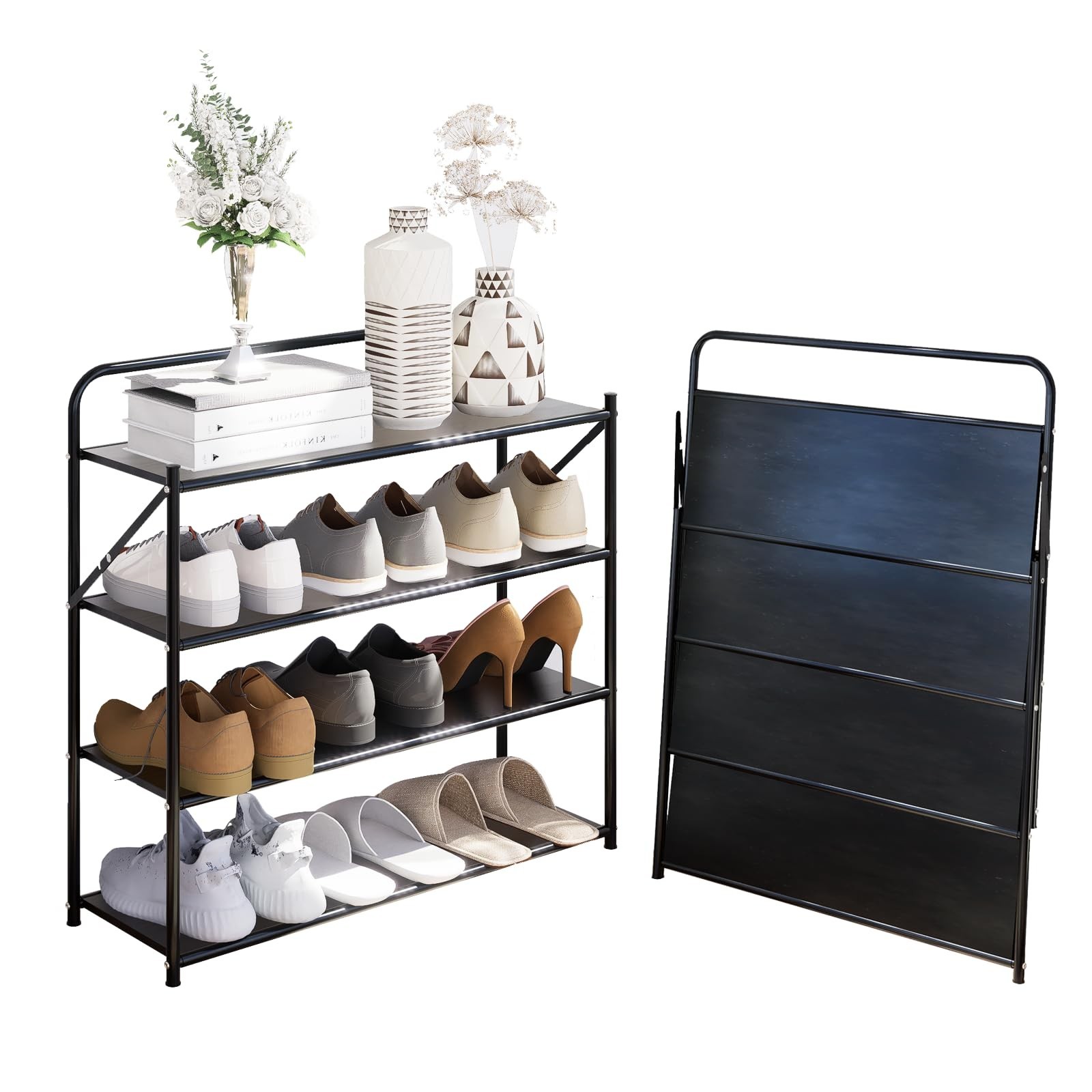 4-Tier Foldable Shoe Rack, No Assembly Shoe Rack with Solid Metal Shelves