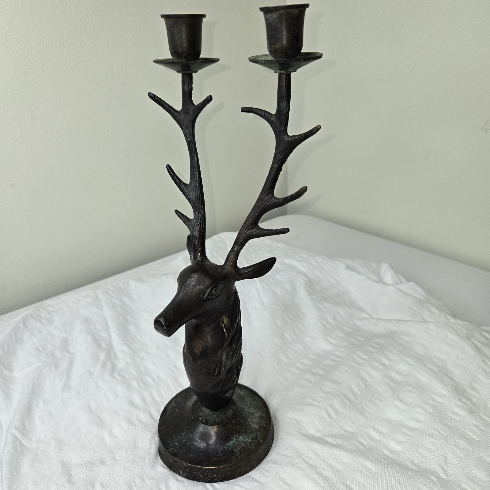 Vintage Brass Stag Elk Deer Head Candle Holder Brown Metallic Finish 13\
