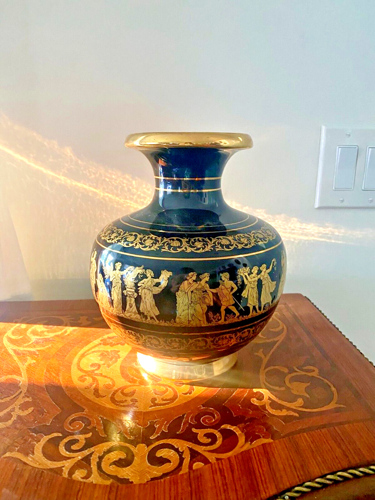 Vintage Spyropoulos Cobalt Blue Greek Vase 24K Gold Plated