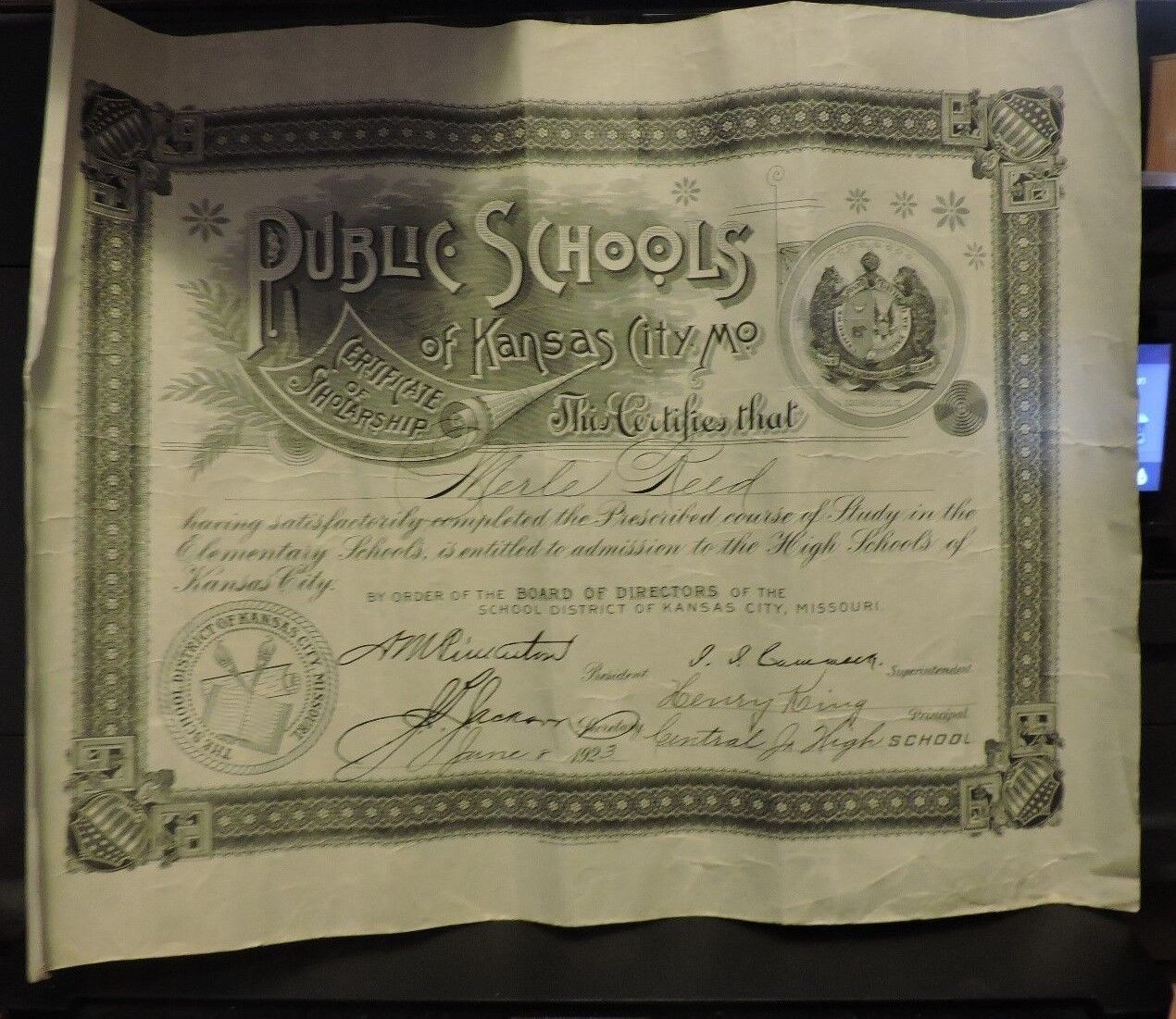 Vintage 20th Century (1923) Kansas City, MO Elementary Graduation Certificate