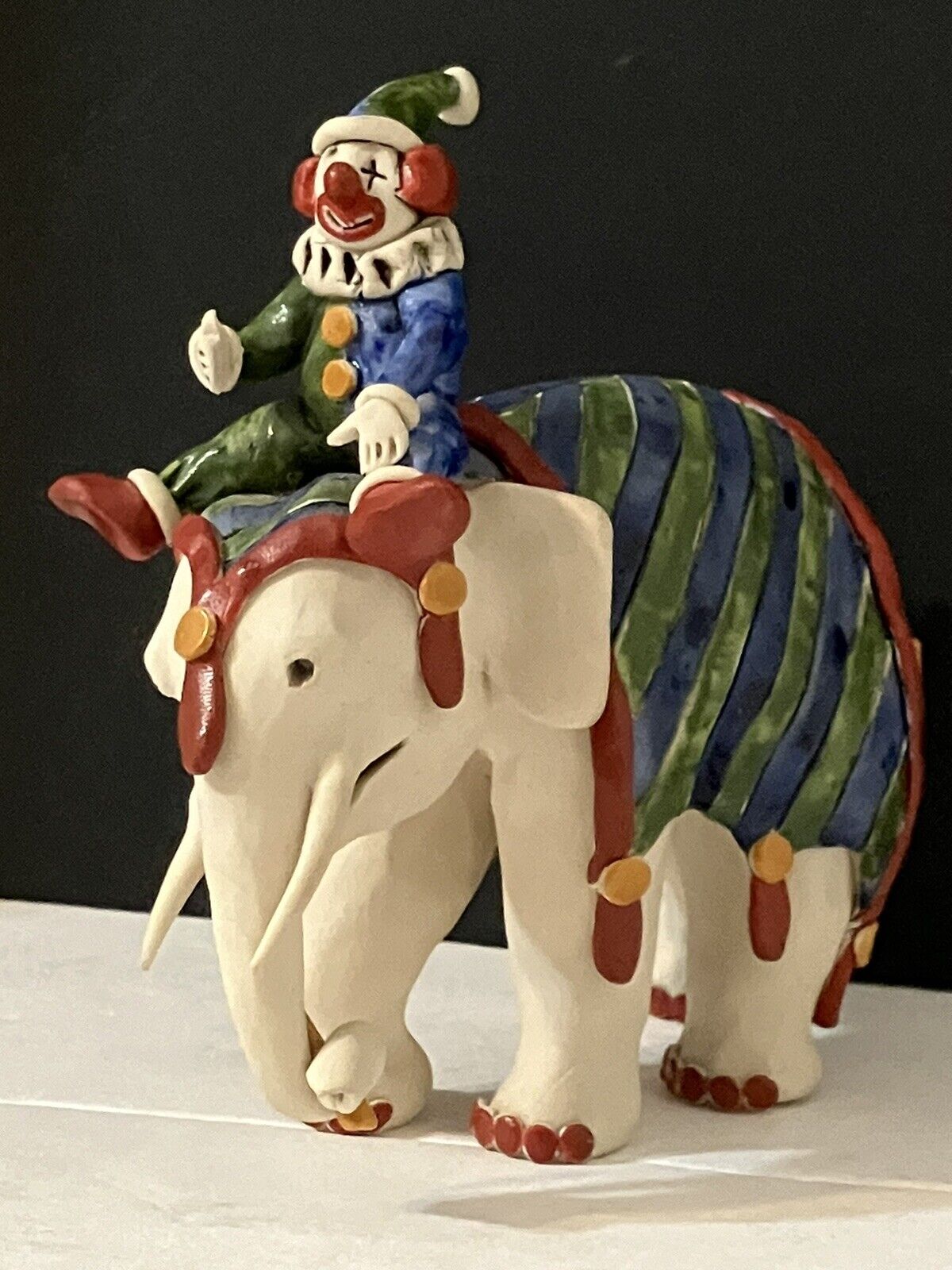 One-of-a Kind,1990,Ann Young Pottery CLOWN SITTING ON ELEPHANT’S BACK Figurine