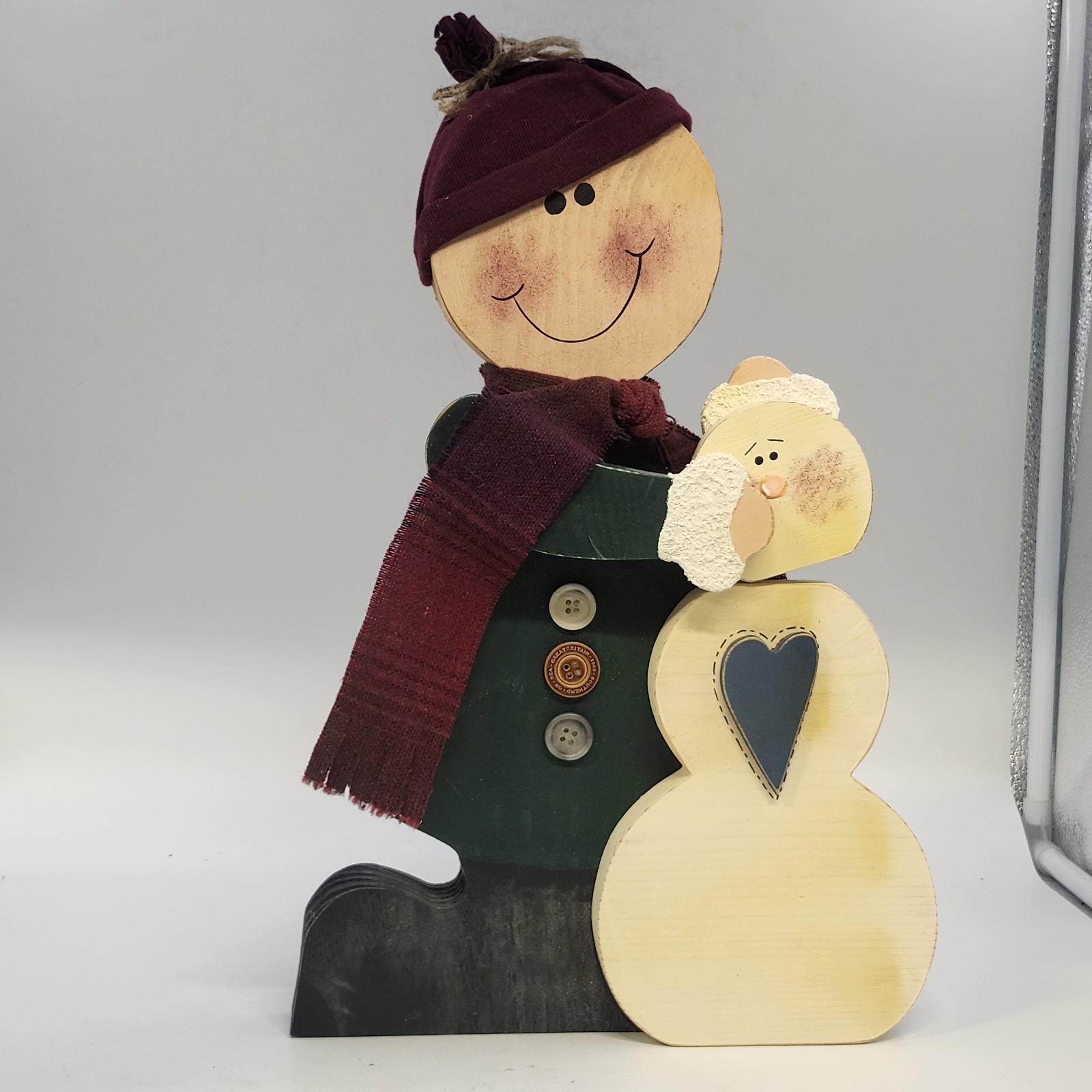 Wooden Snowman Hugging Figure Shelf Sitter Primitive Country Christmas Decor 16\