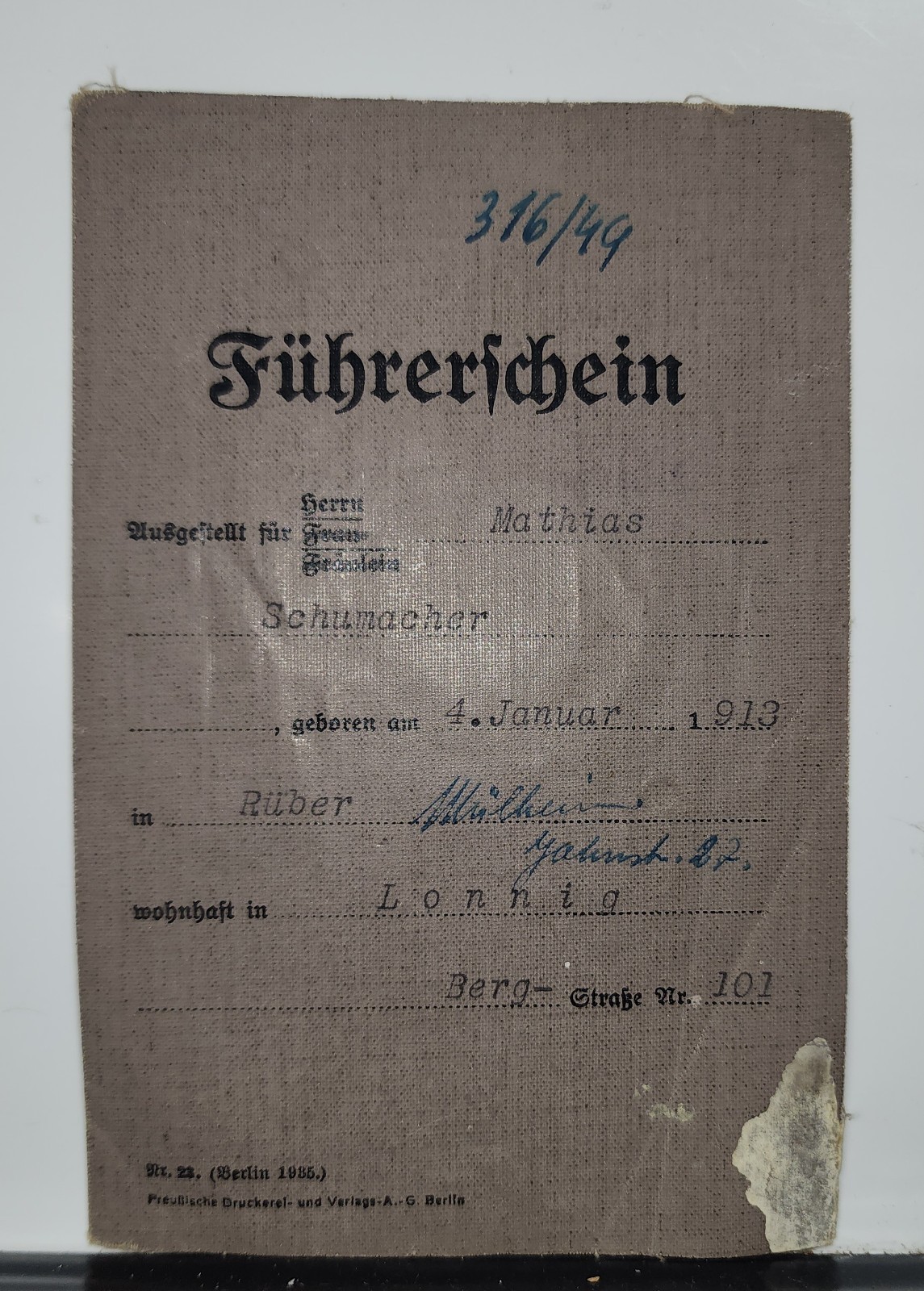 1938 German Führerschein Driver's License Mathias Schumacher Mayen Rhineland