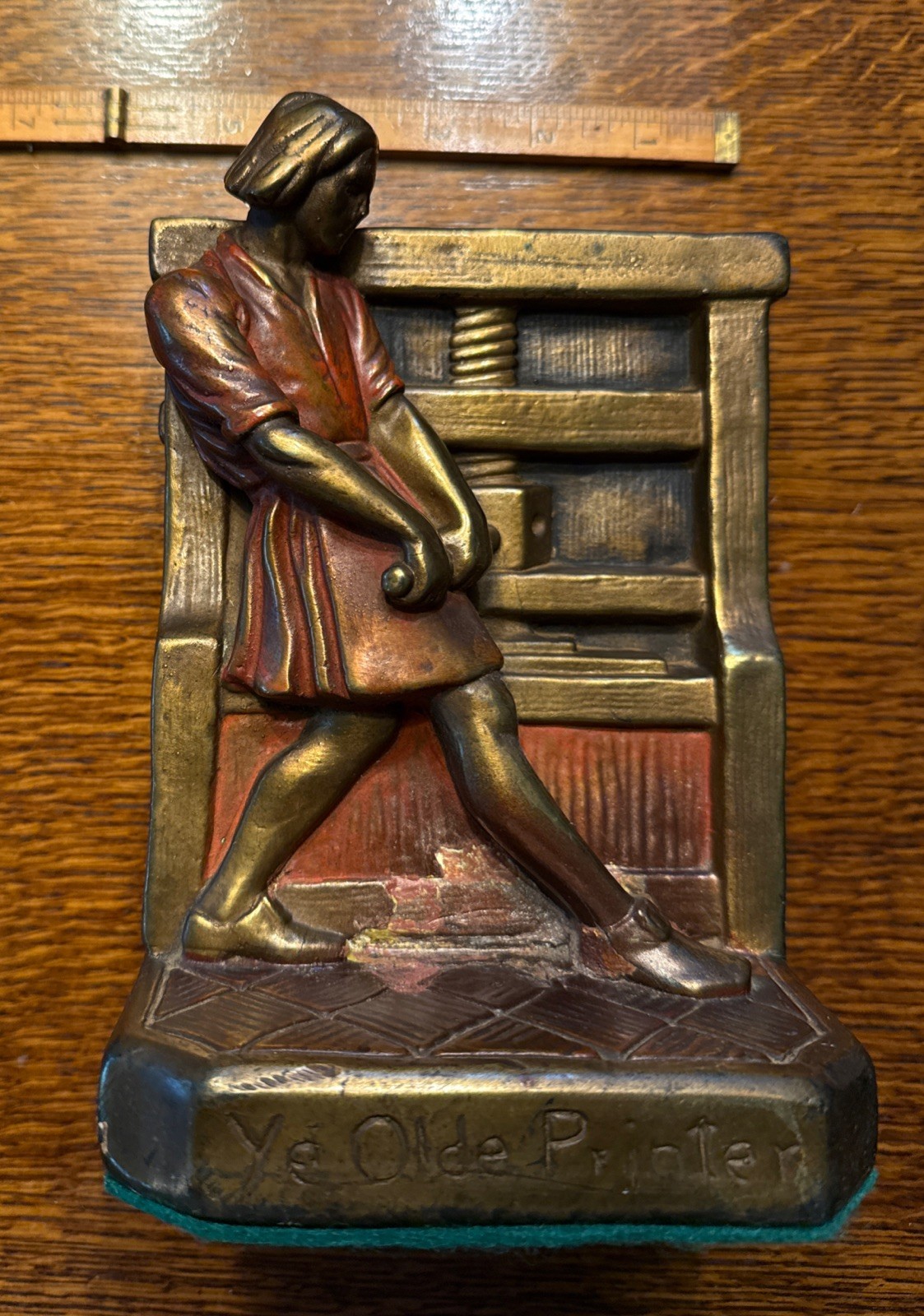 Antique Ye Olde Printer Bronze Clad Book End J RUHL c 1915
