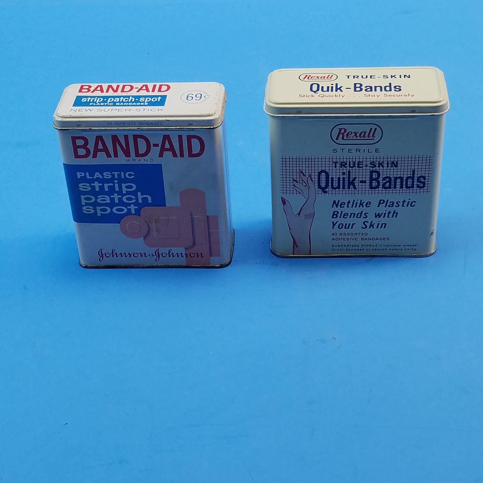 Vintage Rexall Quik-Bands Tin & 1 Band-Aid Plastic Strips Empty Tins Vintage Rexall Quik-Bands Tin & 1 Band-Aid Plastic Strips Empty Tins