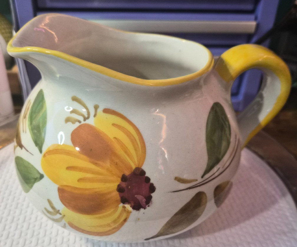 Vintage FTD Italy Hand Painted Ceramic Pitcher Yellow Floral Flower Vase