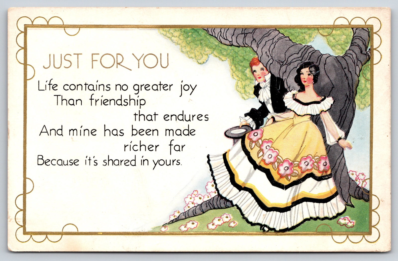 Greetings~Just For You Poem~Romantic Couple Under Tree~Gold~Emb~Vintage Postcard