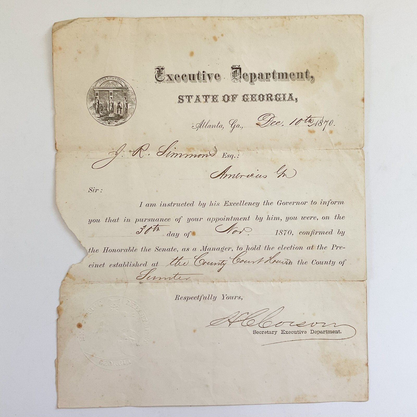 1870 Sumter County Georgia Election Letter Reconstruction Voting History Rare