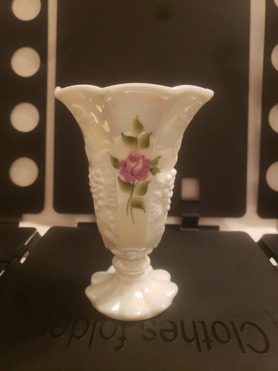 Vintage Westmoreland Paneled Grape Milk Glass Vase Hand Painted Roses, Signed