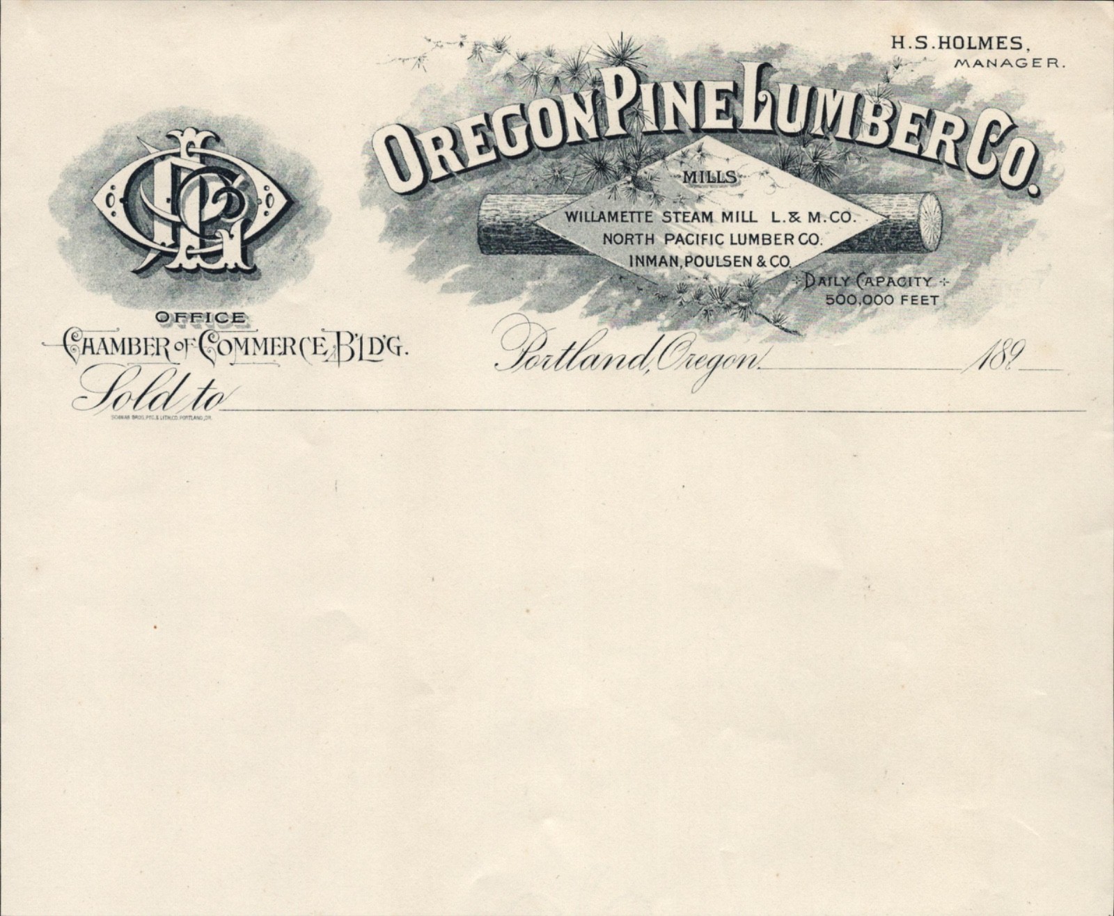 1890s Oregon Pine Lumber Company Antique Billhead Stationery Portland Oregon 1890s Oregon Pine Lumber Company Antique Billhead Stationery Portland Oregon