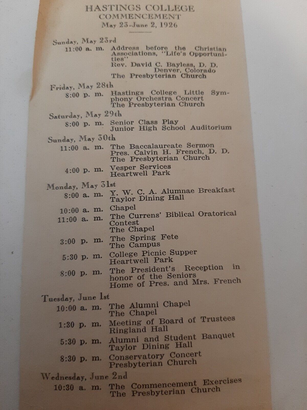 Hastings College in Nebraska Commencement 1926 schedule of events