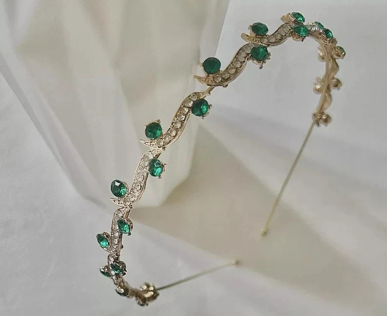 Elegance 18K Yellow Gold Over Emerald & Diamond Bridal Tiara Headband For Womens
