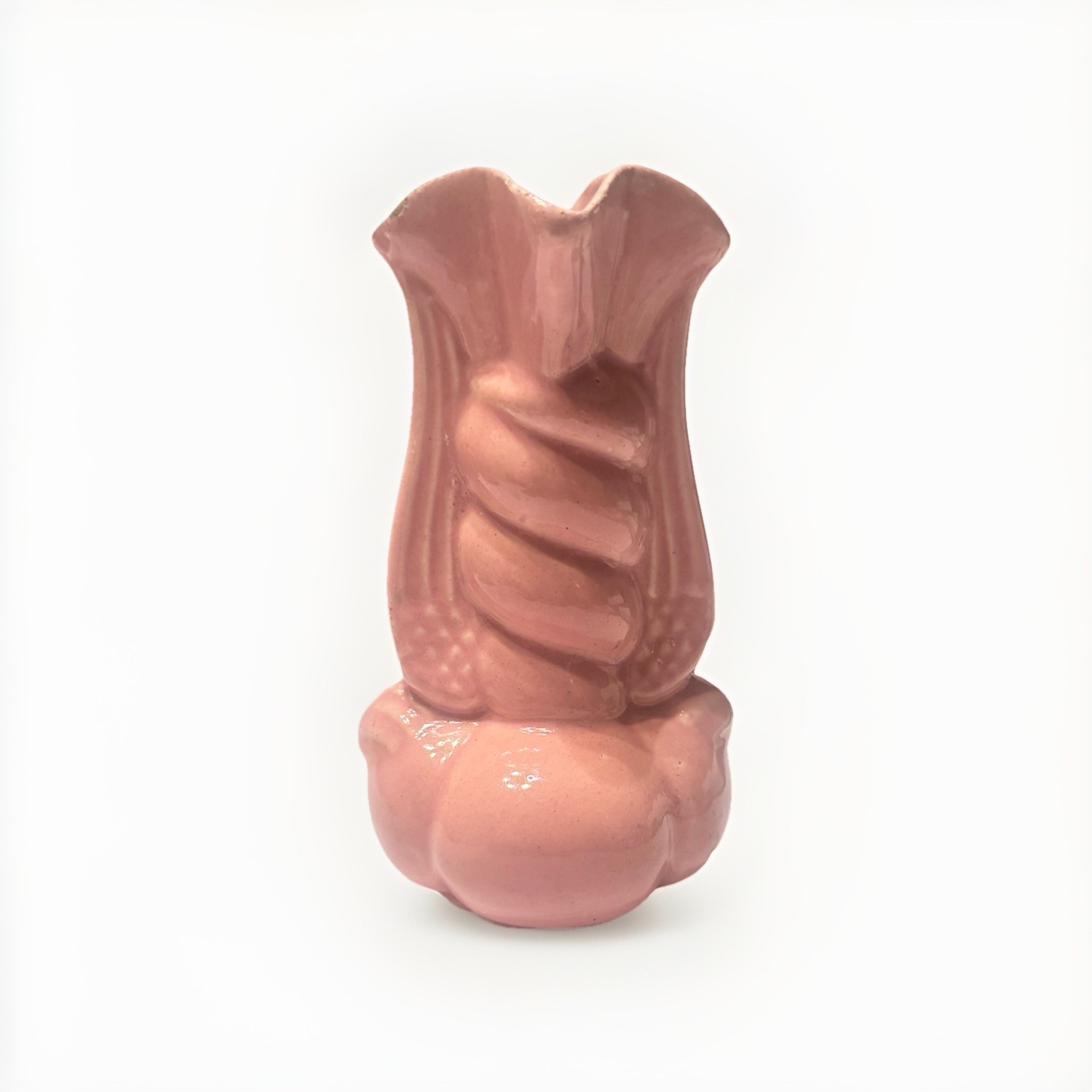 Vintage Niloak Art Pottery Pink Twisted Vase W/Wings 6.5”, Circa 1940's Vintage Niloak Art Pottery Pink Twisted Vase W/Wings 6.5”, Circa 1940's