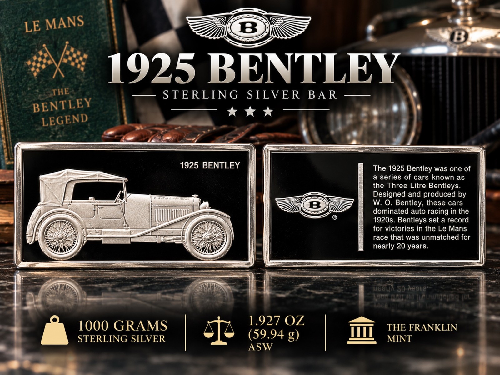 Franklin Mint 1925 Bentley Sterling Silver Art Bar Ingot .925 (~2oz ASW)