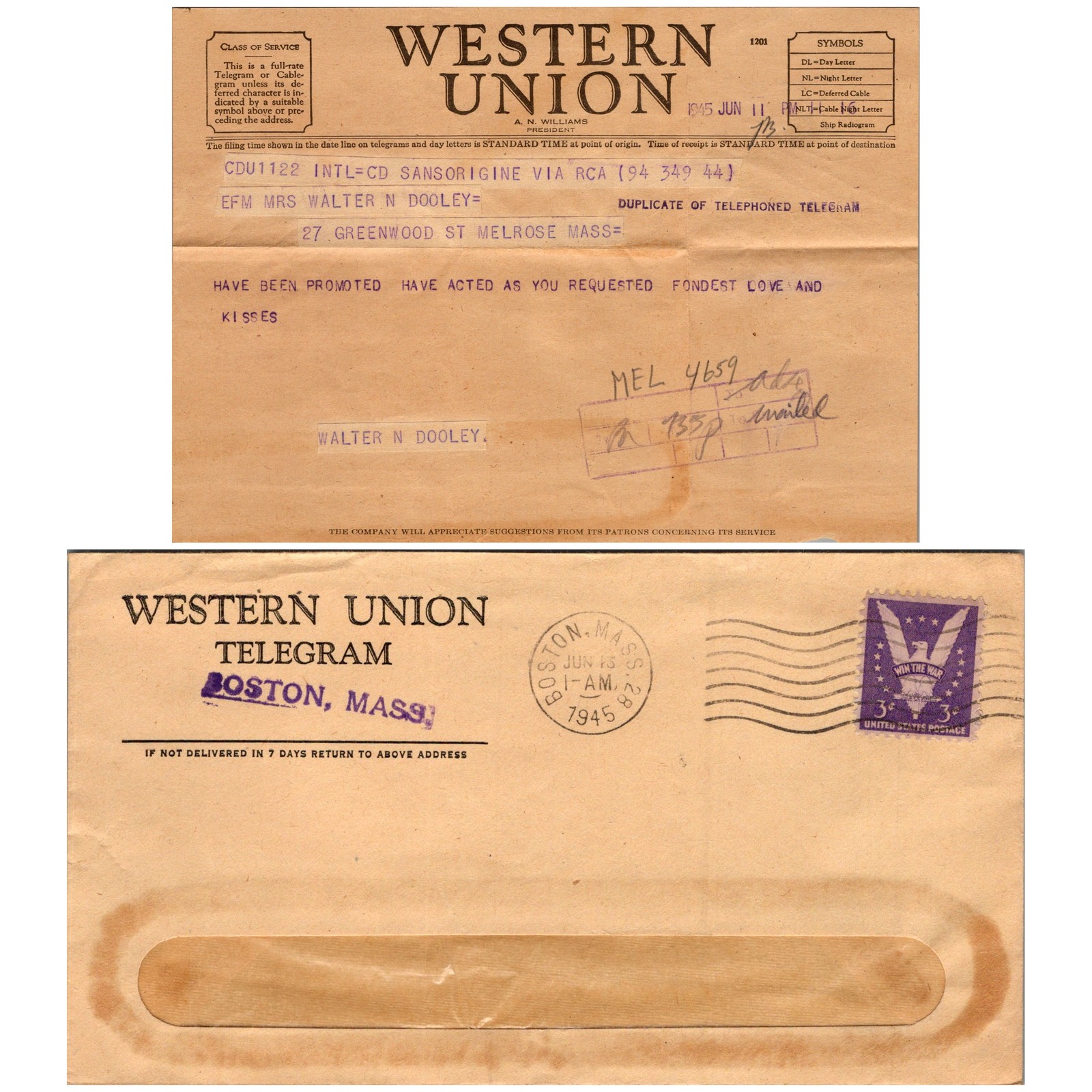 1945 Western Union Telegram Duplicate Dooley Melrose MA WWII Promoted Message 74