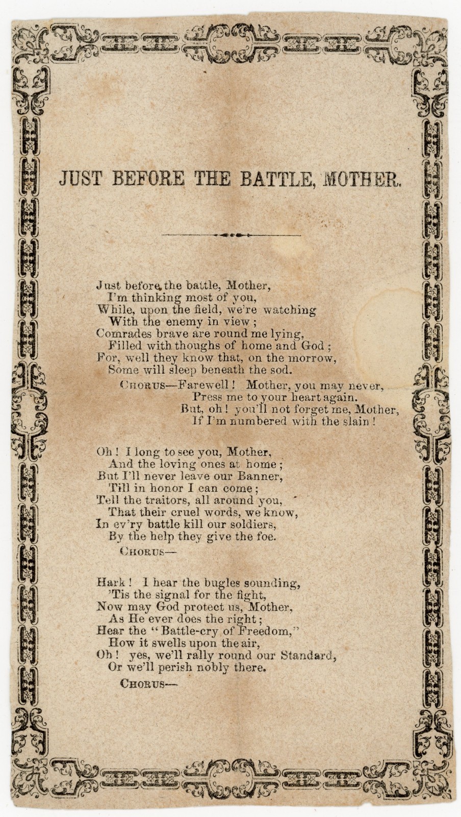Just Before the Battle, Mother Civil War Song Broadside c.1863–64 De Marsan NY