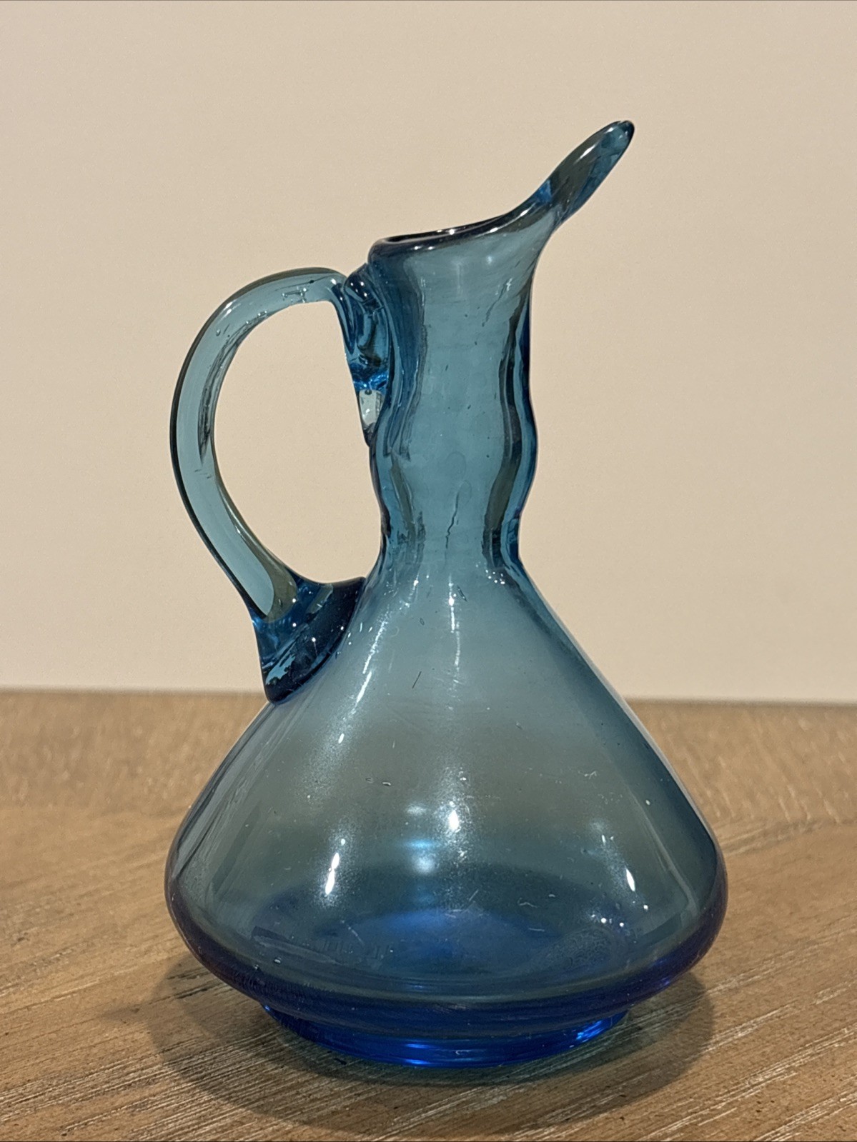 VTG Hand Blown Blue Glass Long Spout Cruet Creamer Pitcher 4.5” MCM