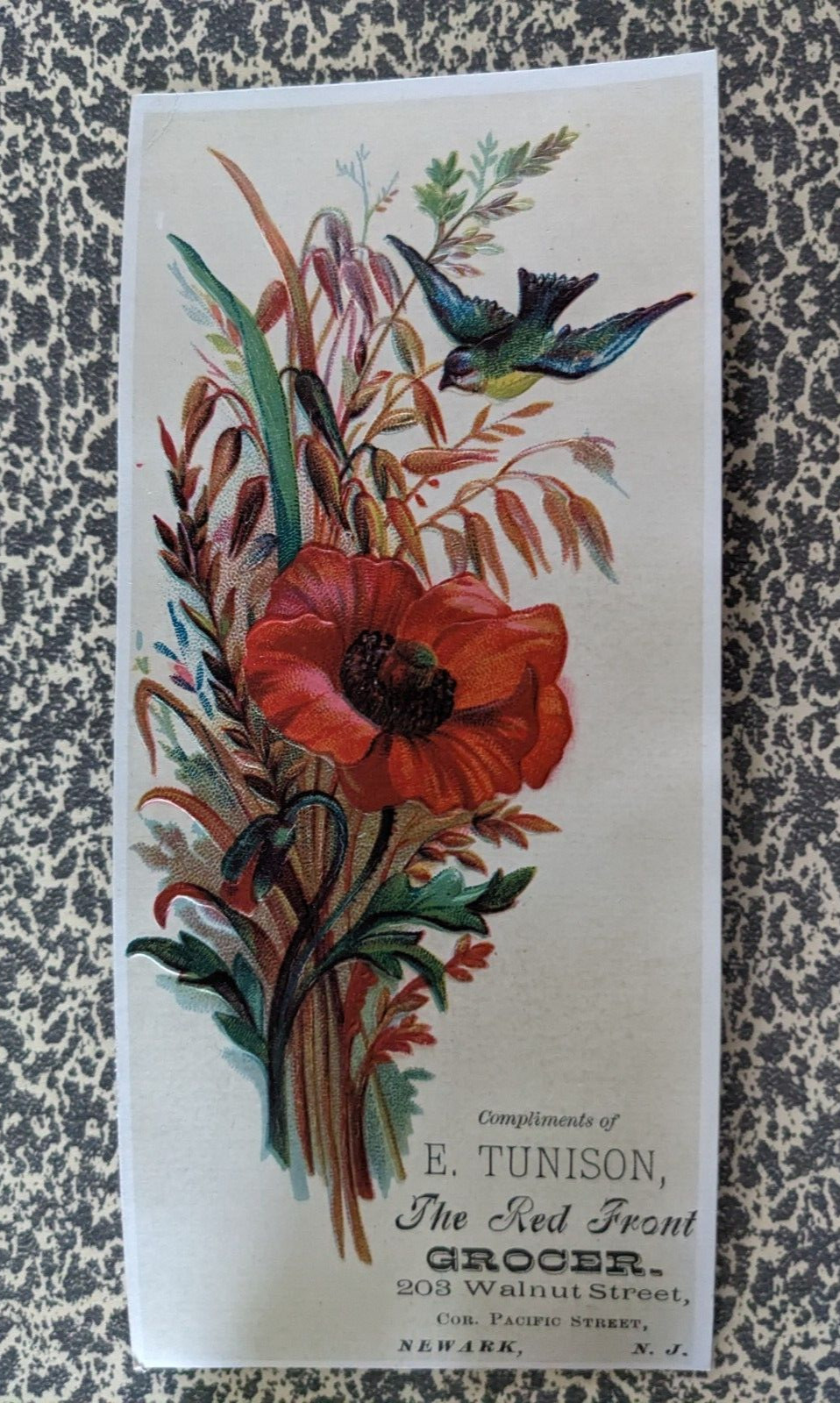 Victorian Trade Card E. Tunison The Red Front Grocer Newark NJ Flowers