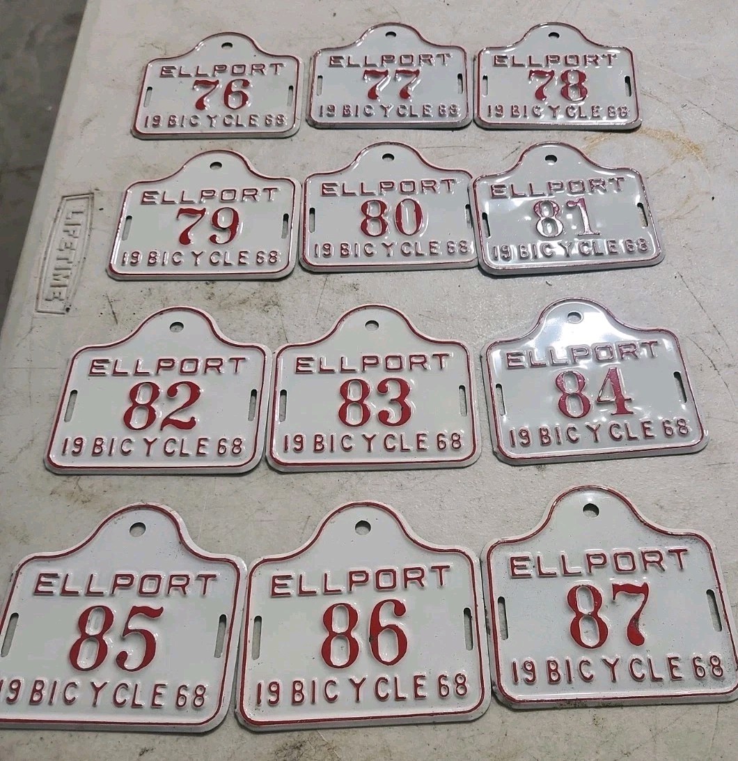 Lot Of 12 Vtg 1968  #\'s 76-87 Ellport Bicycle License Plate Tags 3 1/2\