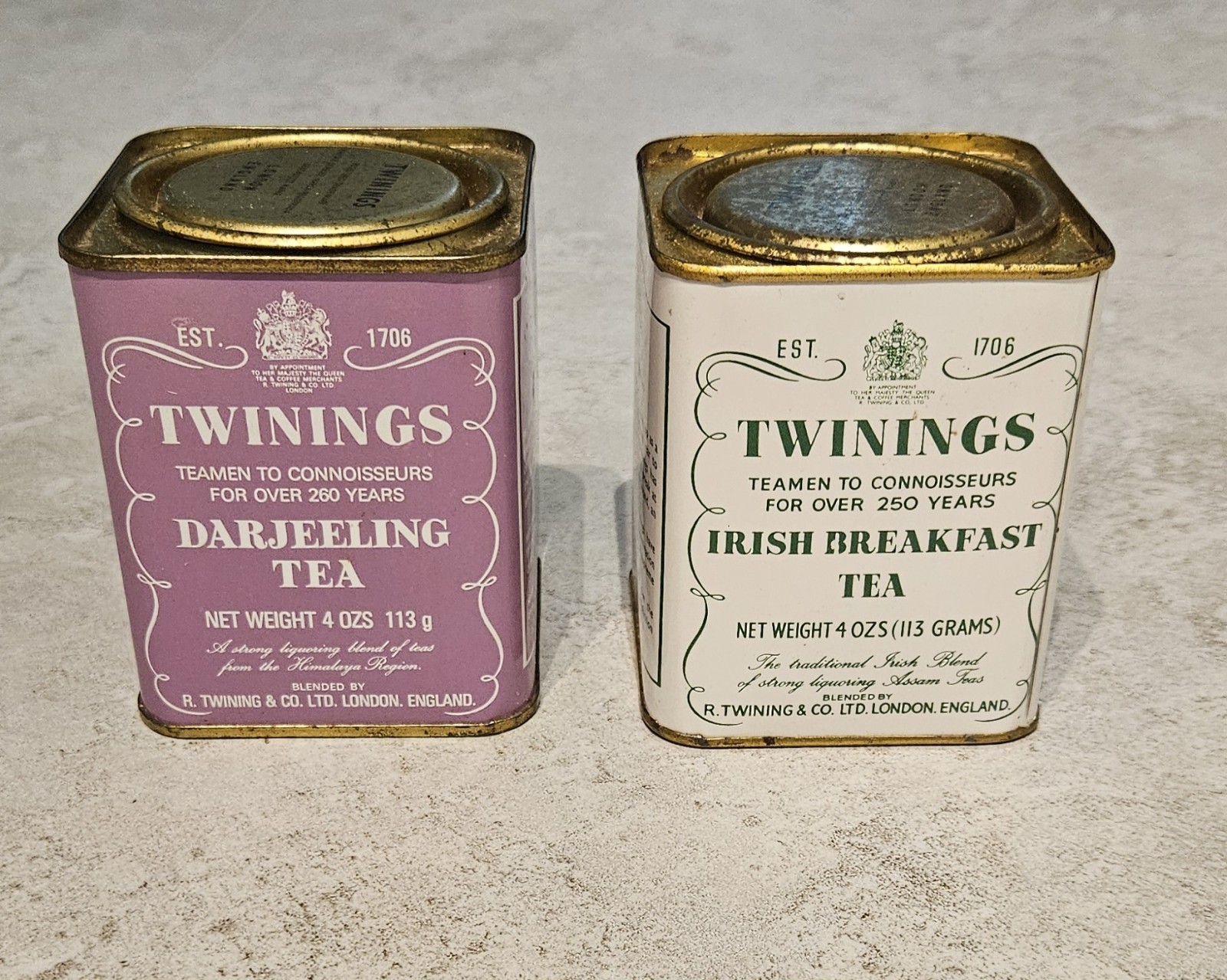 Lot of 2 Vintage Twinings Tea Tins Irish Breakfast Darjeeling 4oz London