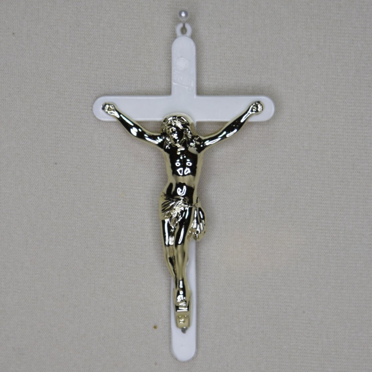 White Plastic Crucifix Cross W/Gold Jesus 4\