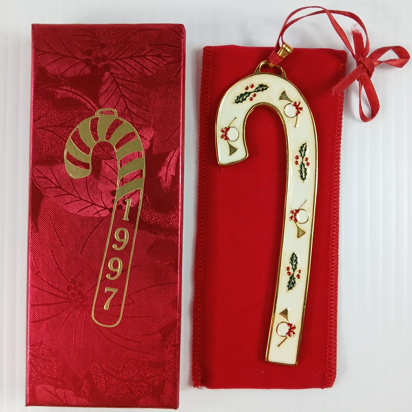 1997 Wallace Silversmiths Candy Cane Christmas Ornament Horn 'n Holly  w/ Box +