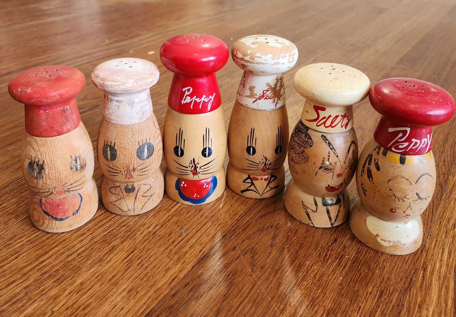 Vintage Salty And Peppy Wooden Salt & Pepper Shaker Lot Japan