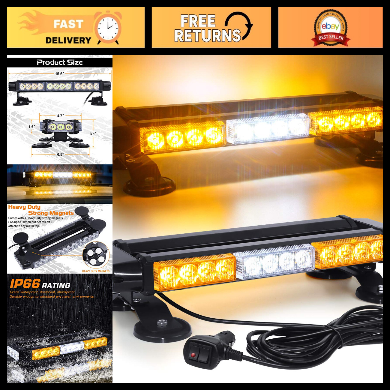 LED Strobe Flashing Light Bar with Magnetic Base, Amber&White