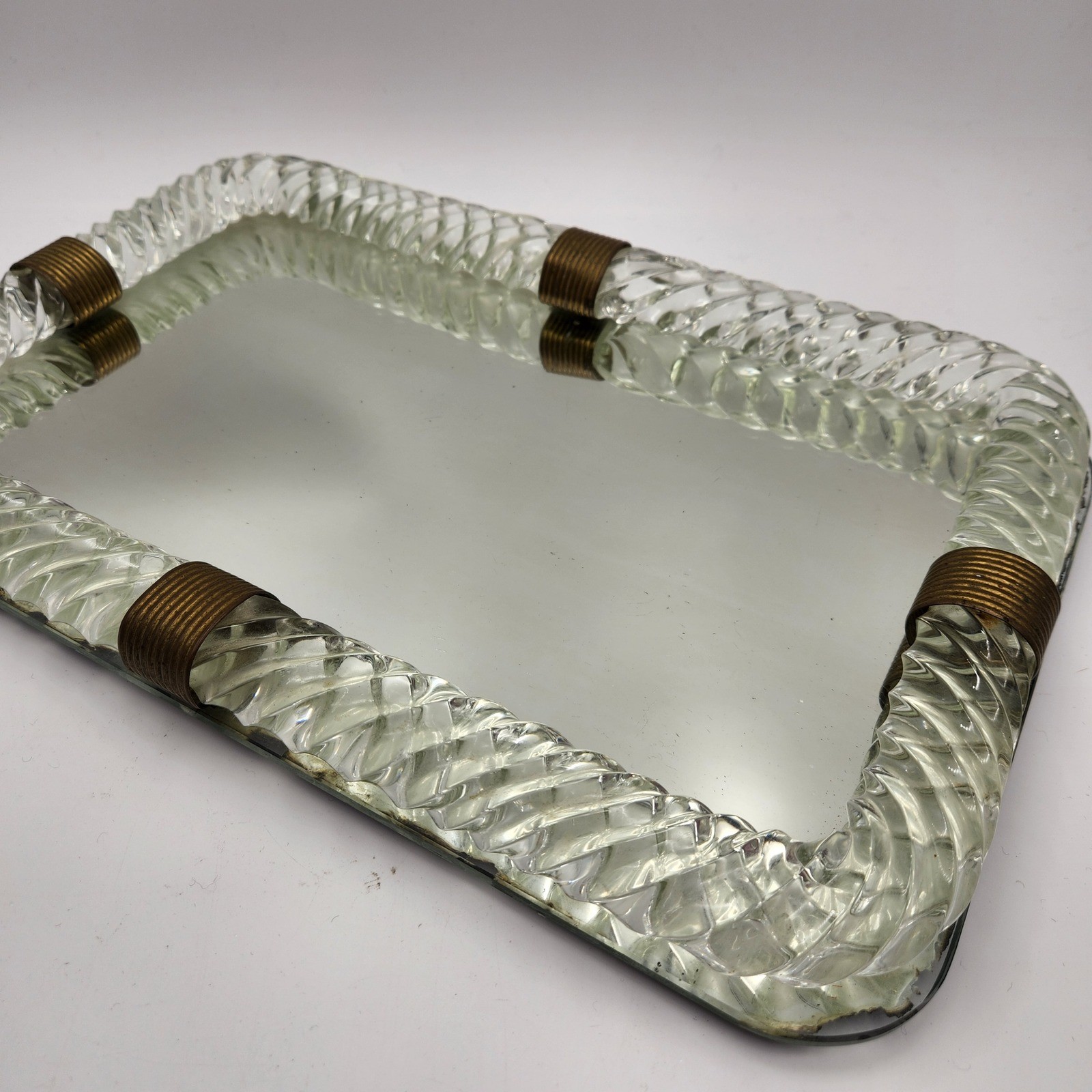 VTG Barovier Toso Murano Twisted Glass Vanity Tray Mirror Brass Accents Italy