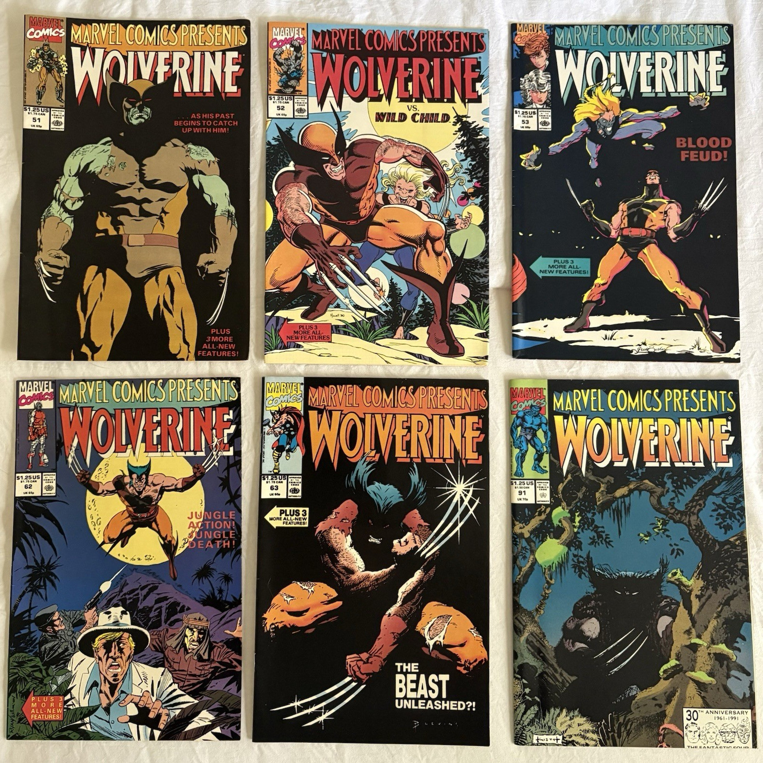 Marvel Comics Presents Wolverine Comic Lot #51-53 #62-63 #71 (1990)