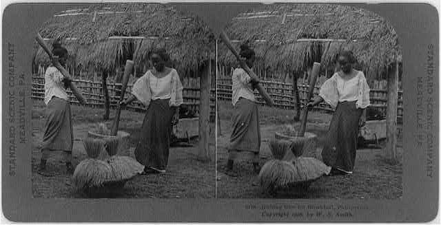 Photo:Philippines 1906 Women Hulling Rice for Breakfast Stereograph